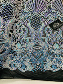 Floral Damask - Iridescent Unicorn - 4 Way Stretch Fancy Shiny Sequins Fabric with Net Design