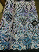 Floral Damask - Iridescent Unicorn - 4 Way Stretch Fancy Shiny Sequins Fabric with Net Design