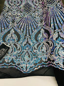 Floral Damask - Iridescent Unicorn - 4 Way Stretch Fancy Shiny Sequins Fabric with Net Design