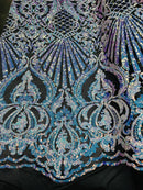 Floral Damask - Iridescent Unicorn - 4 Way Stretch Fancy Shiny Sequins Fabric with Net Design
