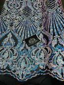 Floral Damask - Iridescent Unicorn - 4 Way Stretch Fancy Shiny Sequins Fabric with Net Design