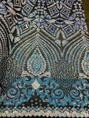 Geometric Sequins - Iridescent Unicorn - 4 Way Stretch Elegant Geometric Pattern with Shiny Sequins