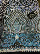 Geometric Sequins - Iridescent Unicorn - 4 Way Stretch Elegant Geometric Pattern with Shiny Sequins