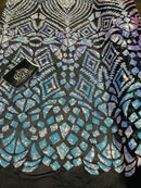 Geometric Sequins - Iridescent Unicorn - 4 Way Stretch Elegant Geometric Pattern with Shiny Sequins