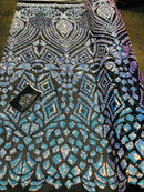 Geometric Sequins - Iridescent Unicorn - 4 Way Stretch Elegant Geometric Pattern with Shiny Sequins