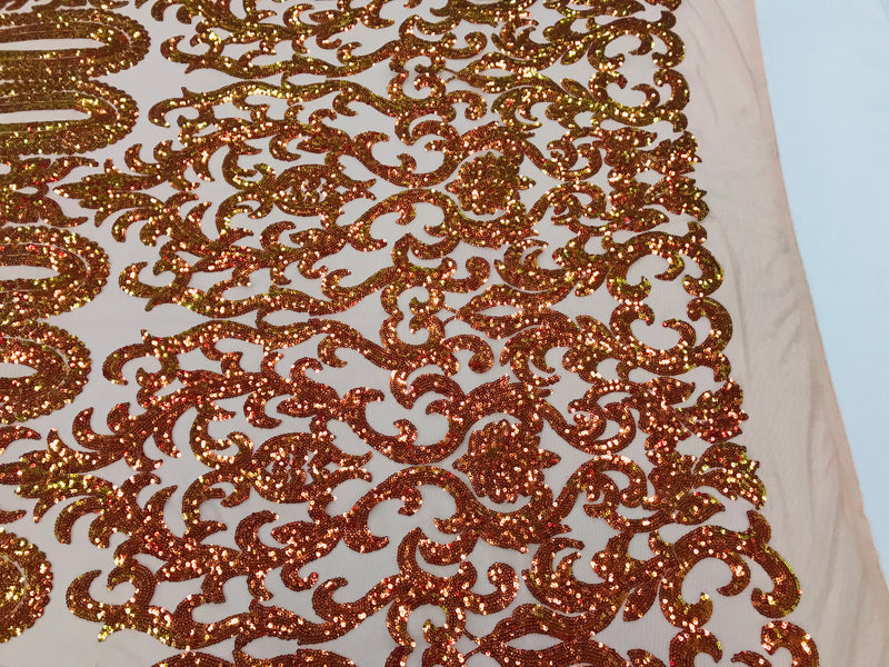 Damask Sequins - Iridescent Orange - 4 Way Stretch Damask Sequins Fashion Design Fabric