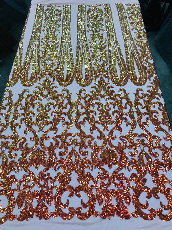 Damask Sequins - Iridescent Orange - 4 Way Stretch Damask Sequins Fashion Design Fabric