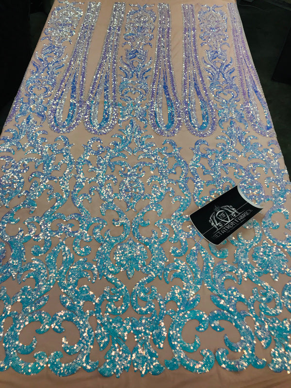 Damask Sequins - Aqua - 4 Way Stretch Damask Sequins Fashion Design By Yard