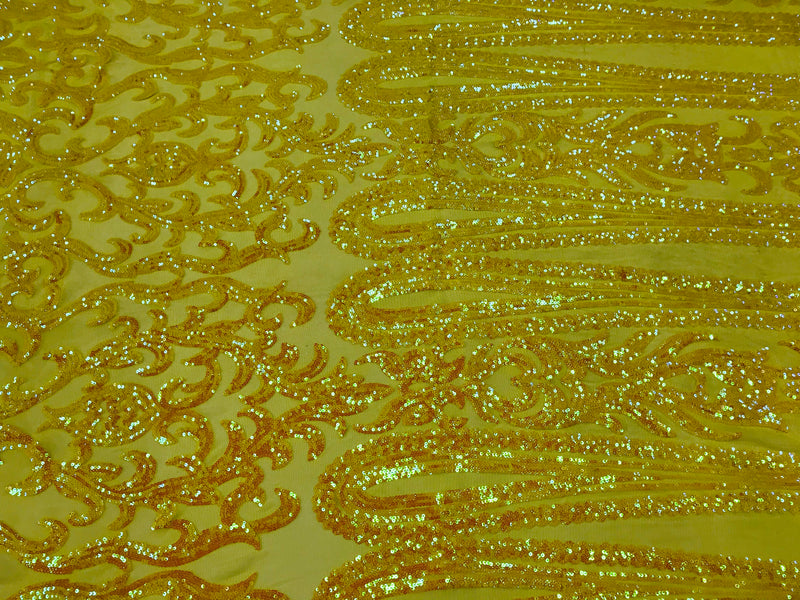 Damask Sequins - Yellow - 4 Way Stretch Damask Sequins Fashion Design By Yard