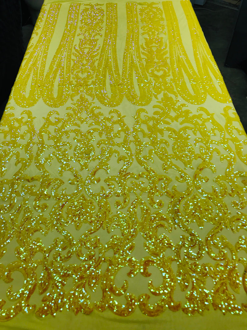 Damask Sequins - Yellow - 4 Way Stretch Damask Sequins Fashion Design By Yard