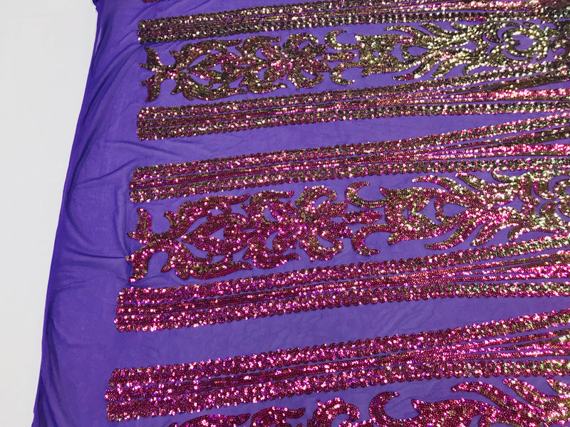 Damask Sequins - Magenta - 4 Way Stretch Damask Sequins Fashion Design By Yard