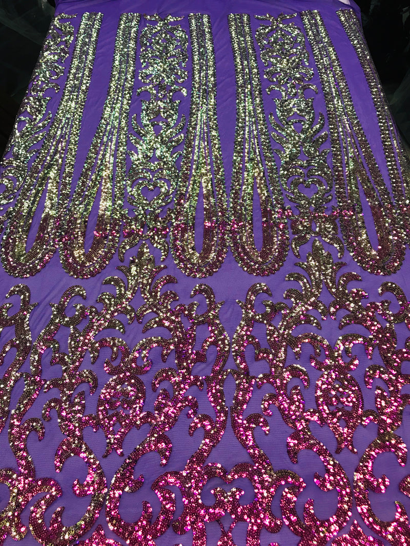 Damask Sequins - Magenta - 4 Way Stretch Damask Sequins Fashion Design By Yard