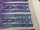 Damask Sequins - Lilac / Aqua - 4 Way Stretch Damask Sequins Fashion Design By Yard