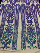 Damask Sequins - Lilac / Aqua - 4 Way Stretch Damask Sequins Fashion Design By Yard