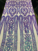 Damask Sequins - Lilac / Aqua - 4 Way Stretch Damask Sequins Fashion Design By Yard