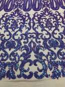 Damask Sequins - Lilac / Aqua - 4 Way Stretch Damask Sequins Fashion Design By Yard