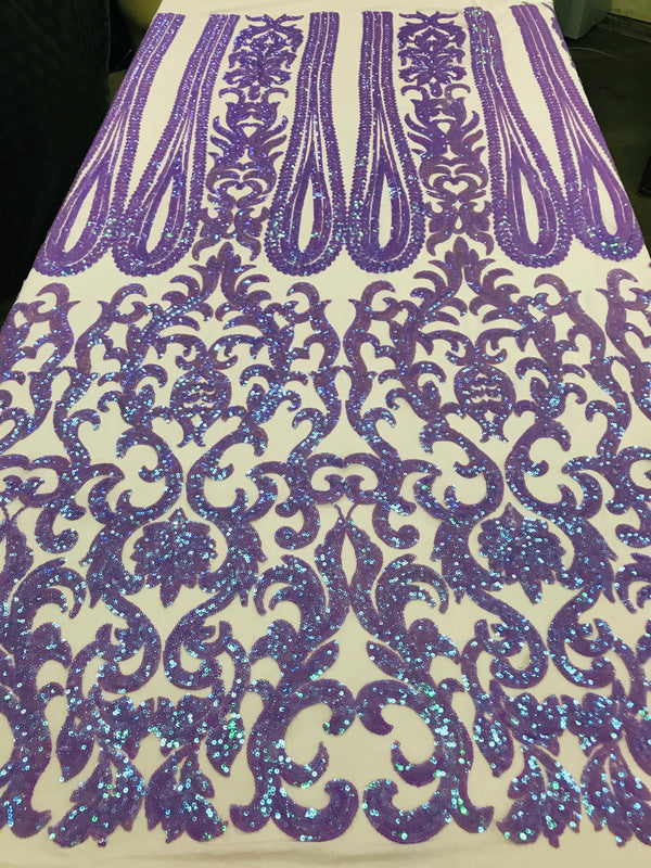 Damask Sequins - Lilac / Aqua - 4 Way Stretch Damask Sequins Fashion Design By Yard