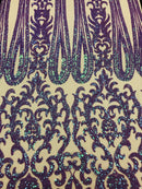 Damask Sequins - Lilac / Aqua - 4 Way Stretch Damask Sequins Fashion Design By Yard