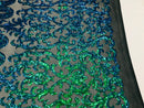 Damask Sequins - Jade Green / Blue - 4 Way Stretch Damask Sequins Fashion Design By Yard