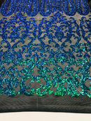 Damask Sequins - Jade Green / Blue - 4 Way Stretch Damask Sequins Fashion Design By Yard