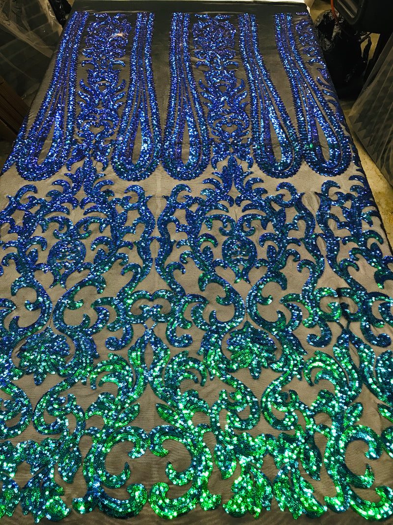 Damask Sequins - Jade Green / Blue - 4 Way Stretch Damask Sequins Fashion Design By Yard