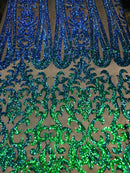 Damask Sequins - Jade Green / Blue - 4 Way Stretch Damask Sequins Fashion Design By Yard