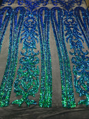 Damask Sequins - Jade Green / Blue - 4 Way Stretch Damask Sequins Fashion Design By Yard