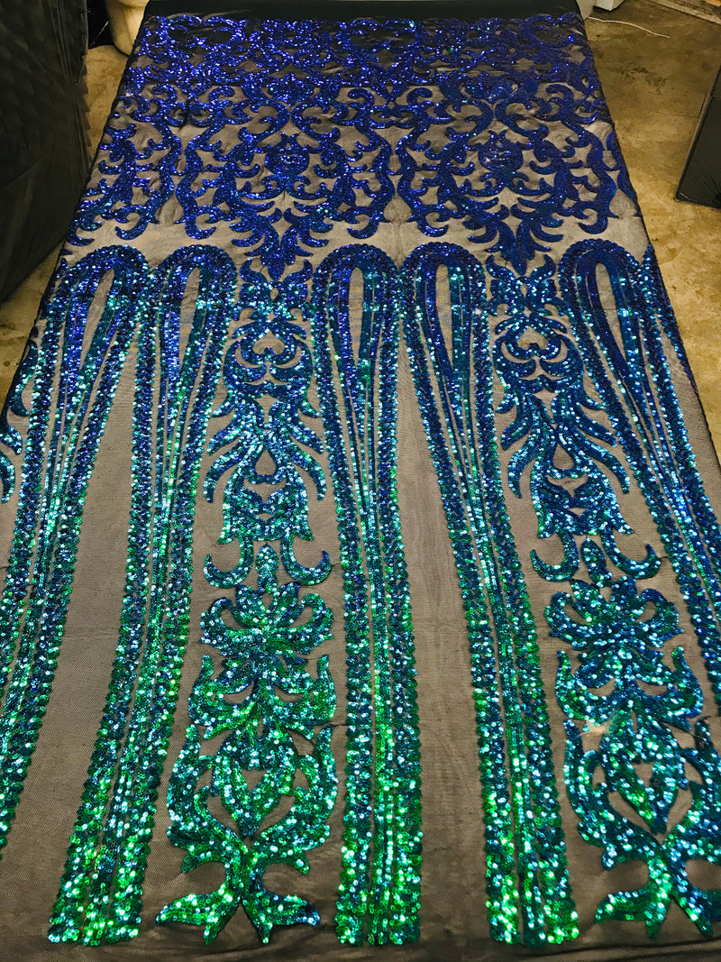 Damask Sequins - Jade Green / Blue - 4 Way Stretch Damask Sequins Fashion Design By Yard