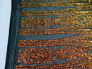 Damask Sequins - Orange Black Mesh - 4 Way Stretch Damask Sequins Fashion Design By Yard