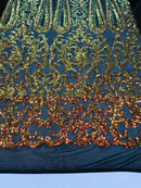 Damask Sequins - Orange Black Mesh - 4 Way Stretch Damask Sequins Fashion Design By Yard