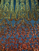 Damask Sequins - Orange Black Mesh - 4 Way Stretch Damask Sequins Fashion Design By Yard