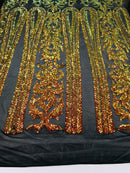 Damask Sequins - Orange Black Mesh - 4 Way Stretch Damask Sequins Fashion Design By Yard