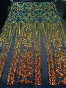 Damask Sequins - Orange Black Mesh - 4 Way Stretch Damask Sequins Fashion Design By Yard