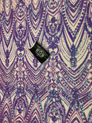 Fish Net Damask Sequins - Lilac / Aqua - 4 Way Stretch Shiny Fashion Sequins By Yard