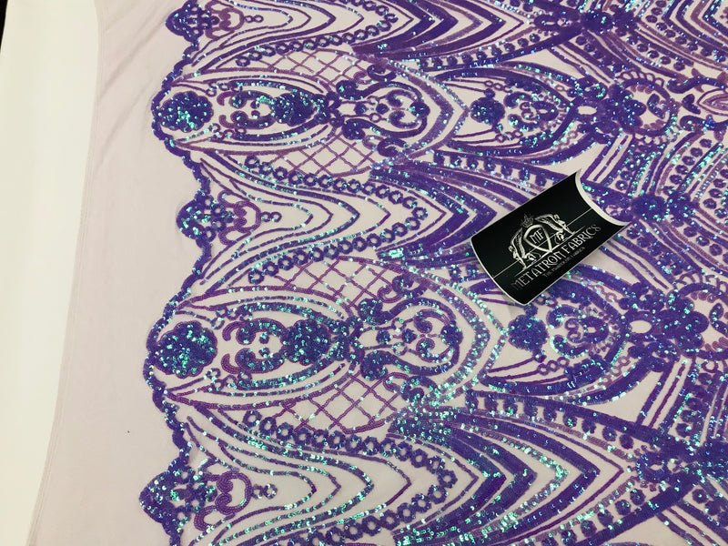 Fish Net Damask Sequins - Lilac / Aqua - 4 Way Stretch Shiny Fashion Sequins By Yard