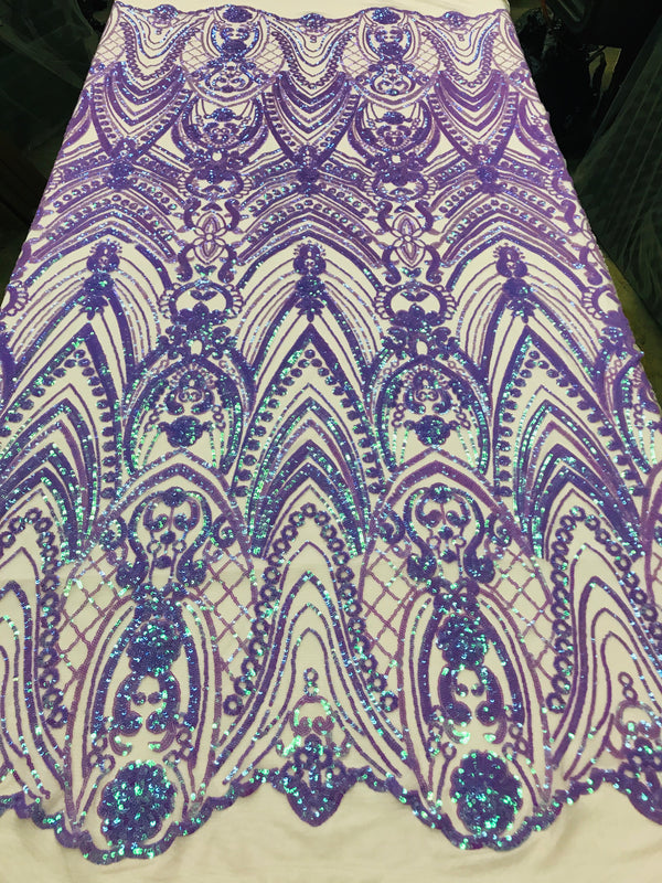 Fish Net Damask Sequins - Lilac / Aqua - 4 Way Stretch Shiny Fashion Sequins By Yard