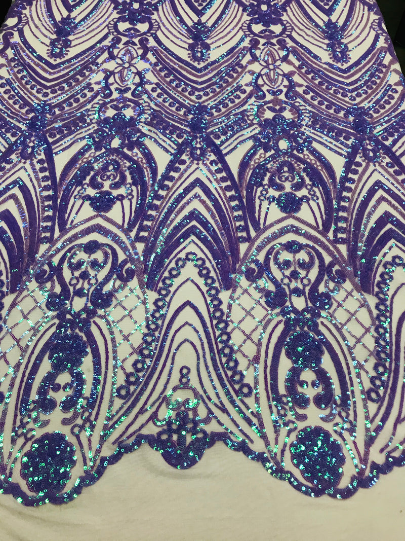 Fish Net Damask Sequins - Lilac / Aqua - 4 Way Stretch Shiny Fashion Sequins By Yard