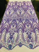 Fish Net Damask Sequins - Lilac / Aqua - 4 Way Stretch Shiny Fashion Sequins By Yard