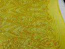 Fish Net Damask Sequins - Yellow - 4 Way Stretch Shiny Fashion Sequins By Yard