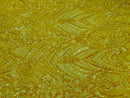 Fish Net Damask Sequins - Yellow - 4 Way Stretch Shiny Fashion Sequins By Yard