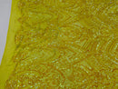 Fish Net Damask Sequins - Yellow - 4 Way Stretch Shiny Fashion Sequins By Yard