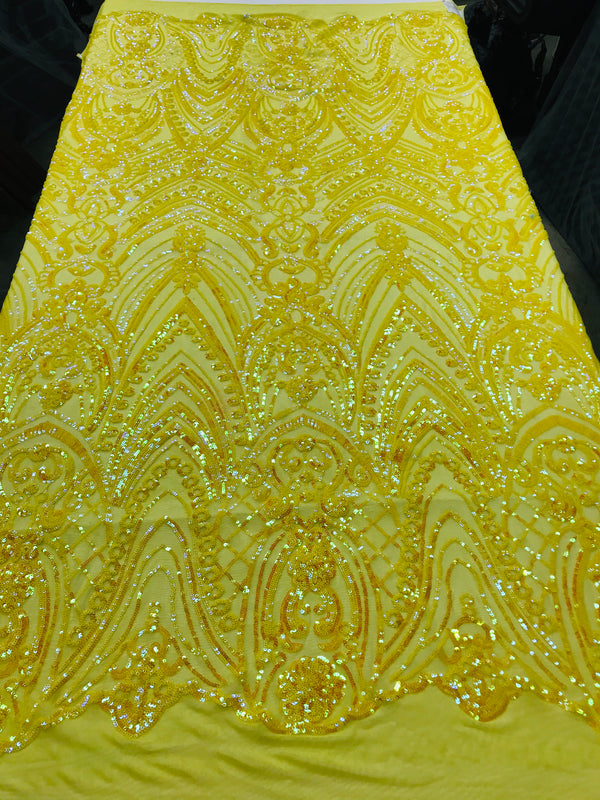 Fish Net Damask Sequins - Yellow - 4 Way Stretch Shiny Fashion Sequins By Yard