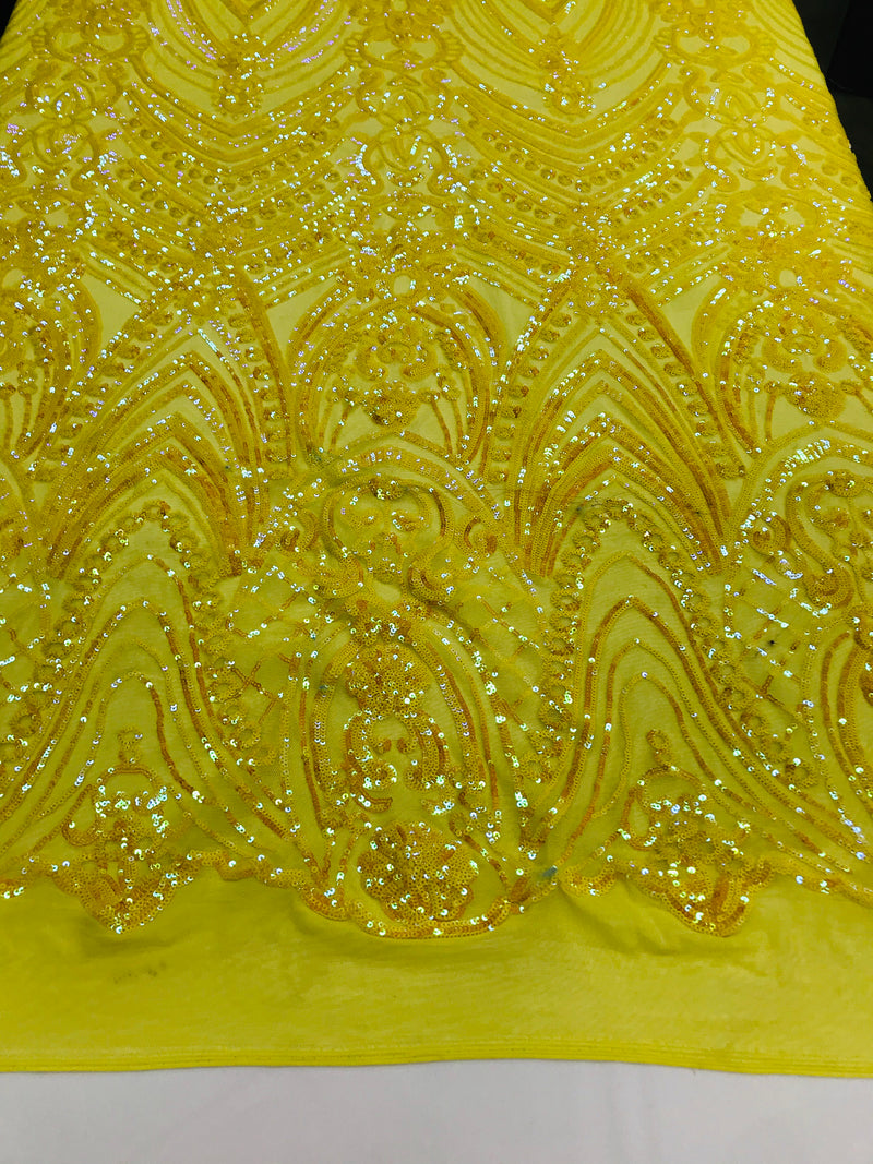 Fish Net Damask Sequins - Yellow - 4 Way Stretch Shiny Fashion Sequins By Yard