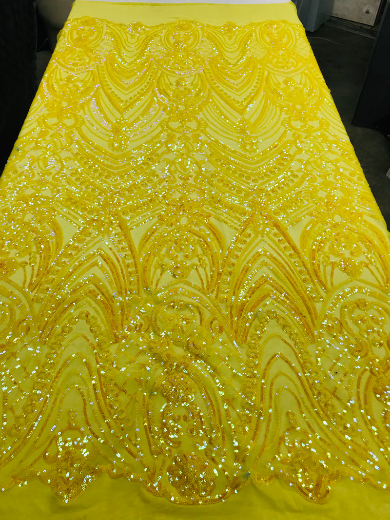 Fish Net Damask Sequins - Yellow - 4 Way Stretch Shiny Fashion Sequins By Yard