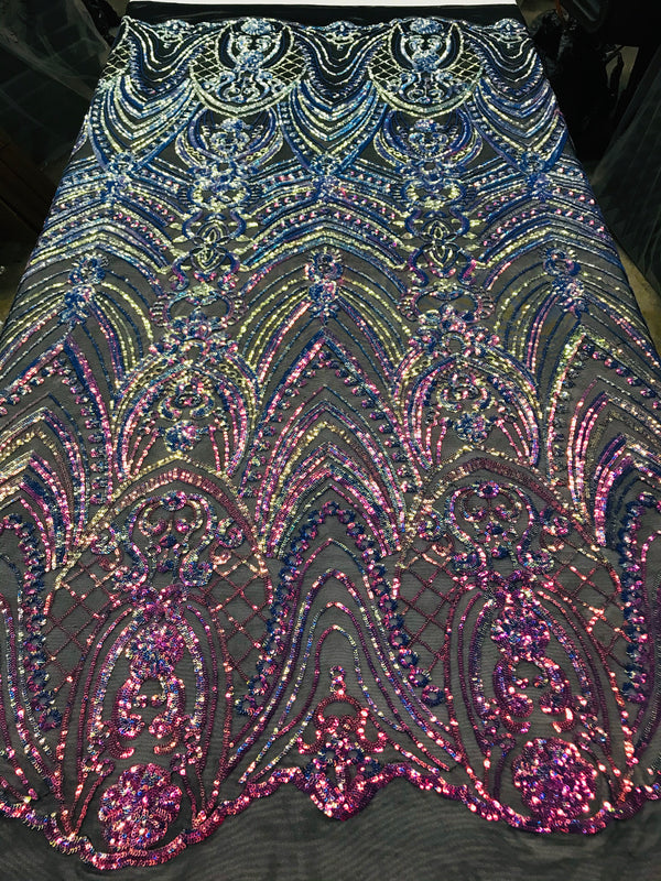 Fish Net Damask Sequins - Rainbow - 4 Way Stretch Shiny Fashion Sequins By Yard