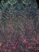 Fish Net Damask Sequins - Rainbow - 4 Way Stretch Shiny Fashion Sequins By Yard