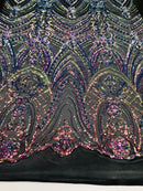 Fish Net Damask Sequins - Rainbow - 4 Way Stretch Shiny Fashion Sequins By Yard