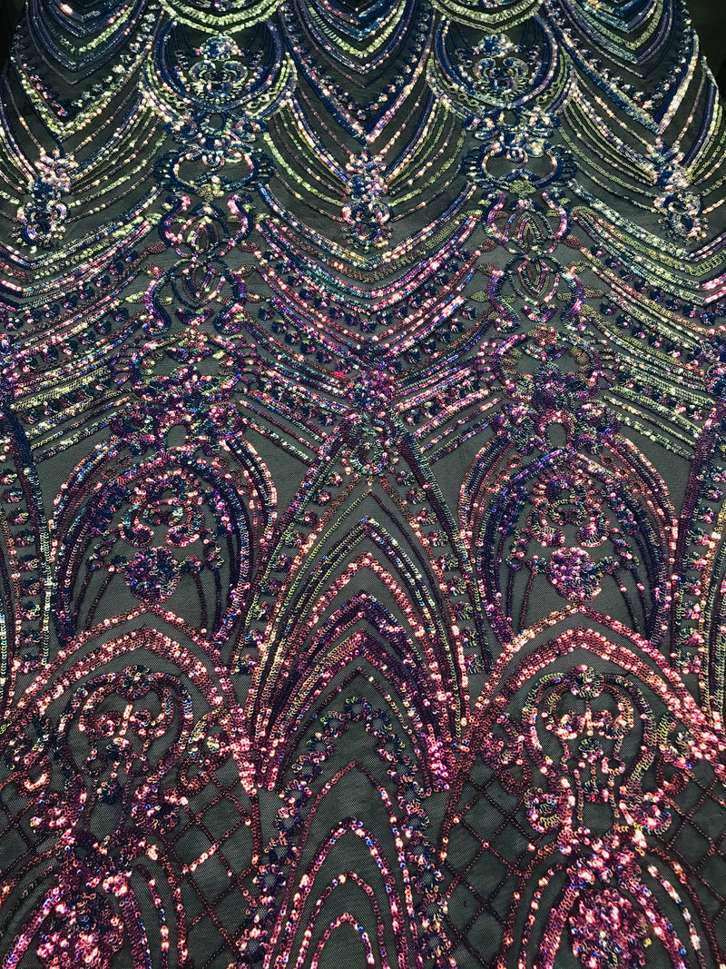 Fish Net Damask Sequins - Rainbow - 4 Way Stretch Shiny Fashion Sequins By Yard