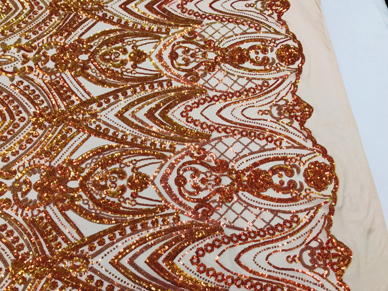 Fish Net Damask Sequins - Orange Nude Mesh - 4 Way Stretch Shiny Fashion Sequins By Yard