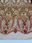 Fish Net Damask Sequins - Orange Nude Mesh - 4 Way Stretch Shiny Fashion Sequins By Yard